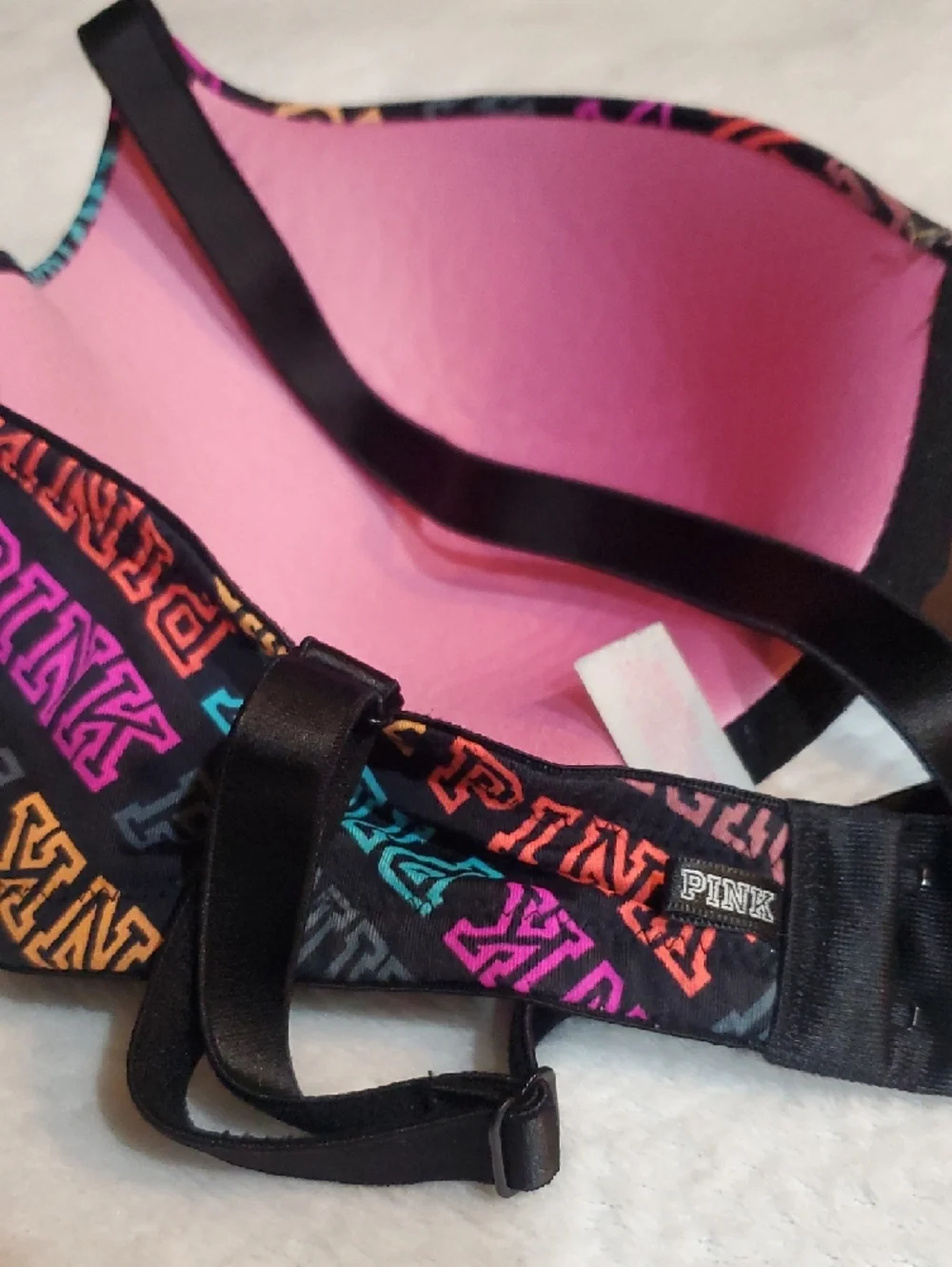 PINK Victoria's Secret Black Multicolor Logo Push-Up Bra Sz. 34DD